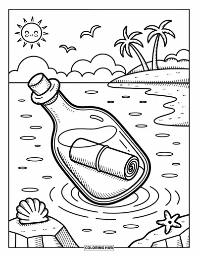 Coloriage de plage pour adultes : Une bouteille avec un mot enroulé dérive près d'un rivage rocheux
