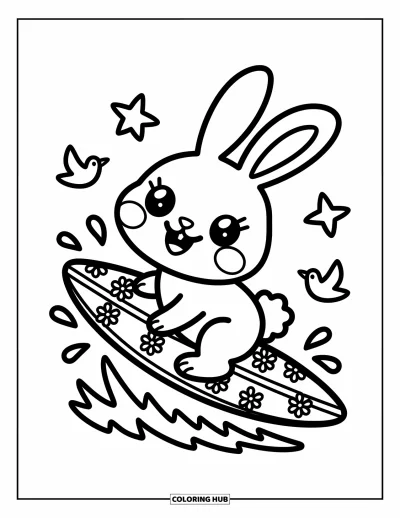 Coloriage de plage pour adultes : Un lapin surfeur garde l'équilibre sur une petite planche en profitant des vagues