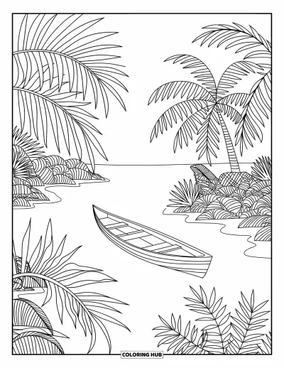 Coloriage de plage pour adultes : Un lagon calme avec un canoë en bois flottant parmi une végétation tropicale luxuriante