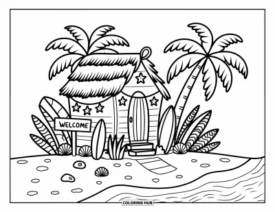 Coloriage de plage pour adultes : Une charmante cabane en bord de plage avec des coquillages et une pancarte 