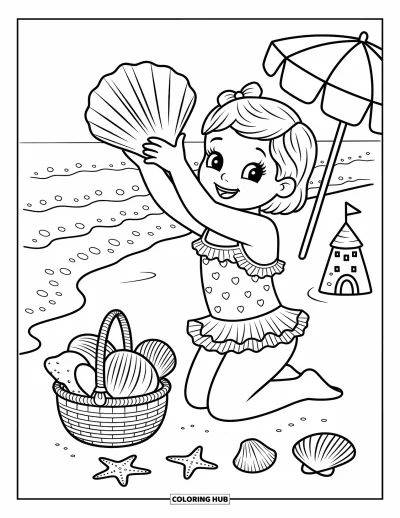 Coloriage de plage pour adultes : Une jeune fille souriante en maillot lève un coquillage avec enthousiasme