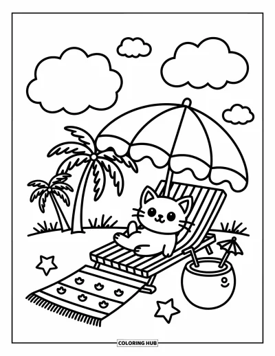 Coloriage de plage pour adultes : Une journée de plage réconfortante avec un chaton détendu près d'une boisson à la noix de coco