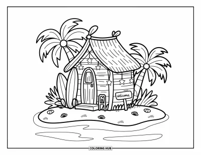 Coloriage de plage pour adultes : Une cabane de plage confortable avec planche de surf et palmiers sur le sable