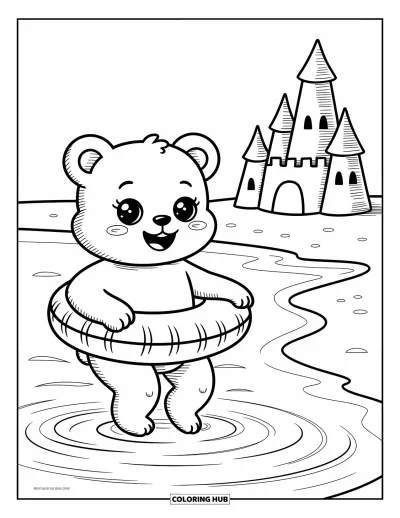 Coloriage de plage pour adultes : Un adorable ours éclabousse les vagues en jouant avec une petite bouée