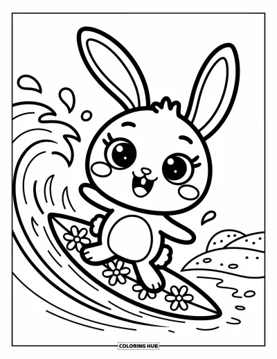 Coloriage de plage pour adultes : Un lapin mignon chevauche une vague en éclaboussant l'eau avec un air déterminé