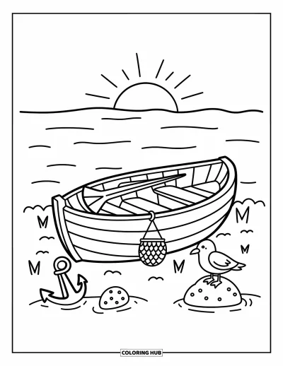 Coloriage de plage pour adultes : Une jolie barque avec rames et filet de pêche, posée sur la plage de sable