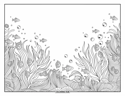 Coloriage de plage pour adultes : Un délicat motif d'algues et de poissons, rempli d'élégants détails marins