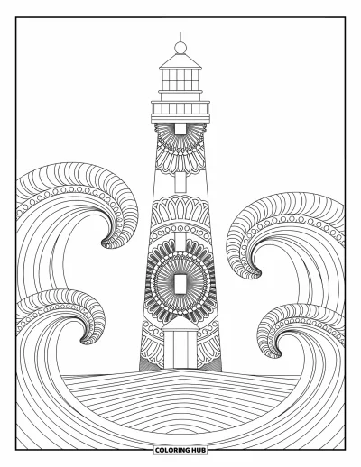 Coloriage de plage pour adultes : Un phare détaillé se dresse fièrement, entouré de vagues enroulées style mandala