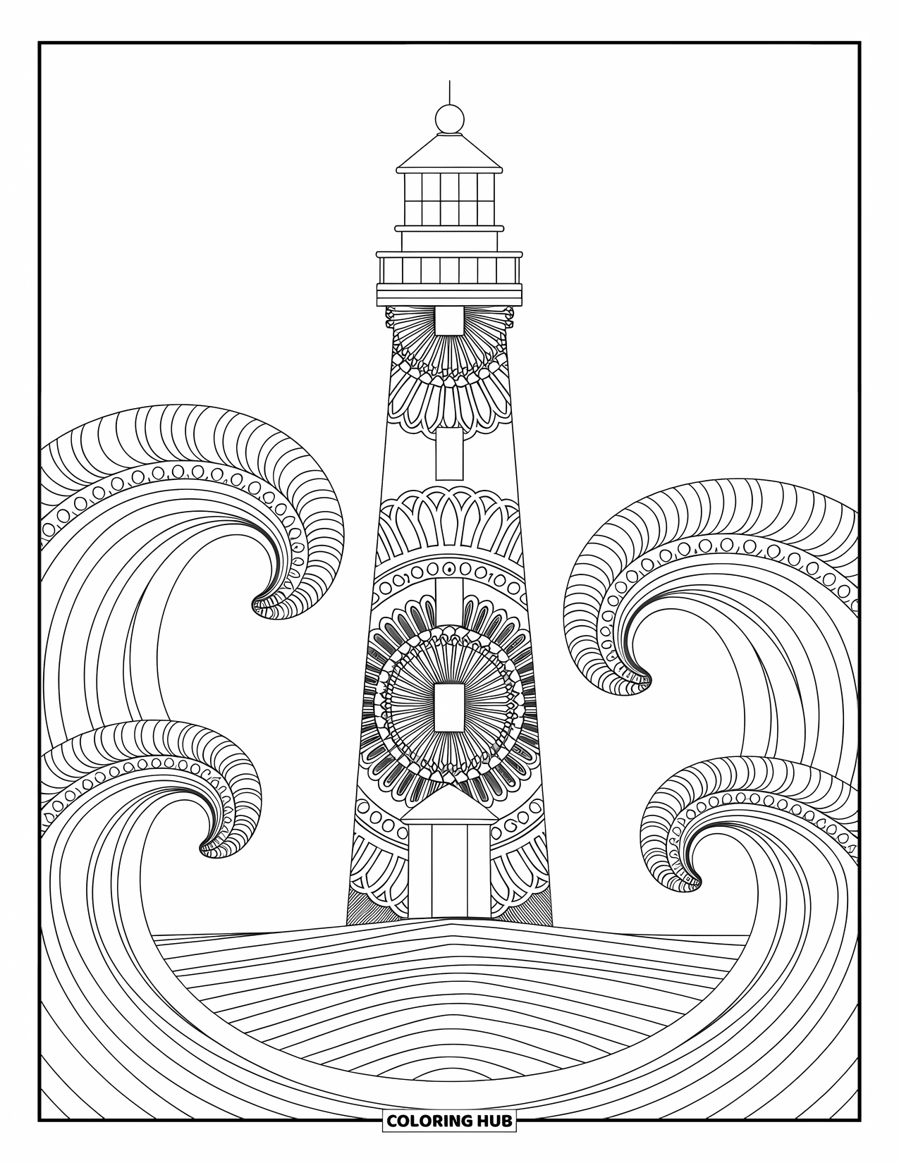 Strand Kleurplaat voor Volwassenen: Een gedetailleerde vuurtoren staat hoog, omgeven door krullende golven in mandala-stijl