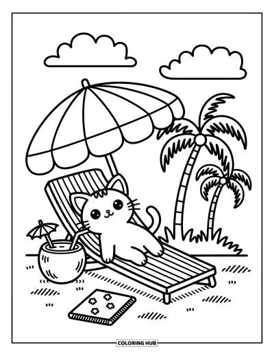 Coloriage de plage pour adultes : Un chaton tout doux profite d'une journée ensoleillée sur une chaise de plage rayée