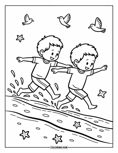 Coloriage de plage pour adultes : Une course amusante sur la plage avec deux amis le long du rivage