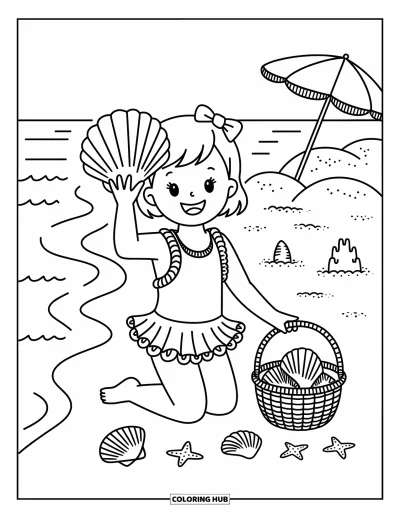 Coloriage de plage pour adultes : Une fille montre joyeusement un coquillage en s'agenouillant dans le sable