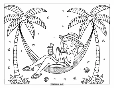 Coloriage de plage pour adultes : Une fille se repose dans un hamac, boit du jus et lit un livre