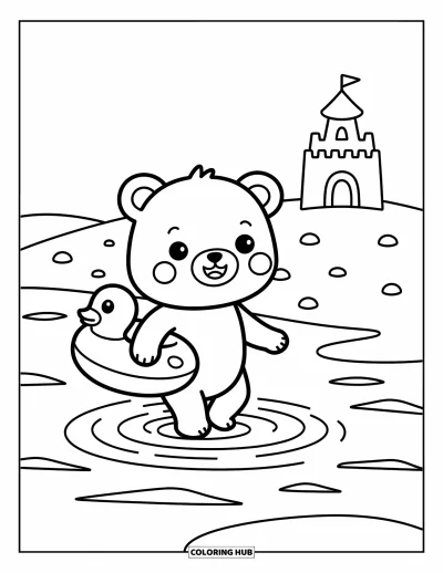 Coloriage de plage pour adultes : Un ours heureux avance dans l'océan en tenant une bouée canard
