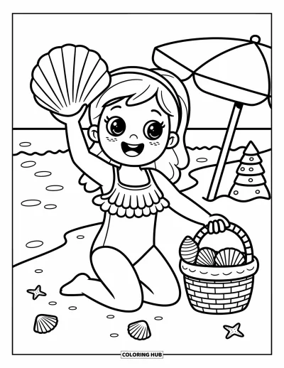 Coloriage de plage pour adultes : Un enfant heureux ramasse des coquillages avec un panier sur le rivage sablonneux