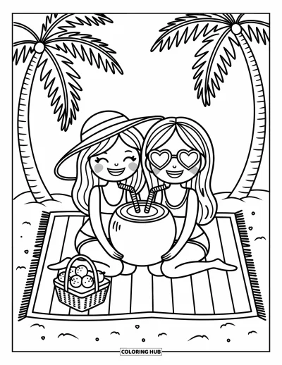 Coloriage de plage pour adultes : Un duo heureux savoure une boisson à la noix de coco sous des palmiers qui se balancent