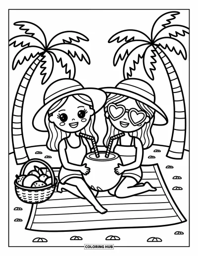 Coloriage de plage pour adultes : Un joyeux pique-nique de plage où de meilleurs amis partagent une boisson fraîche à la noix de coco