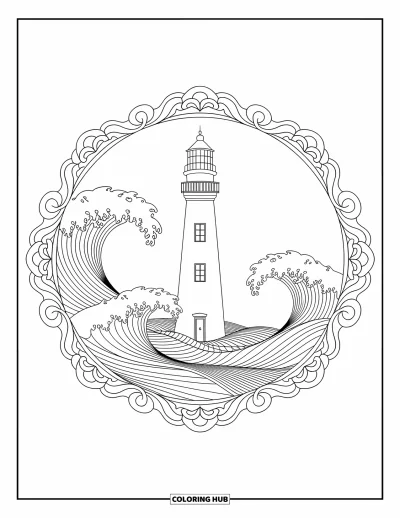 Coloriage de plage pour adultes : Un phare aux motifs mandala complexes, encadré de vagues océaniques tourbillonnantes