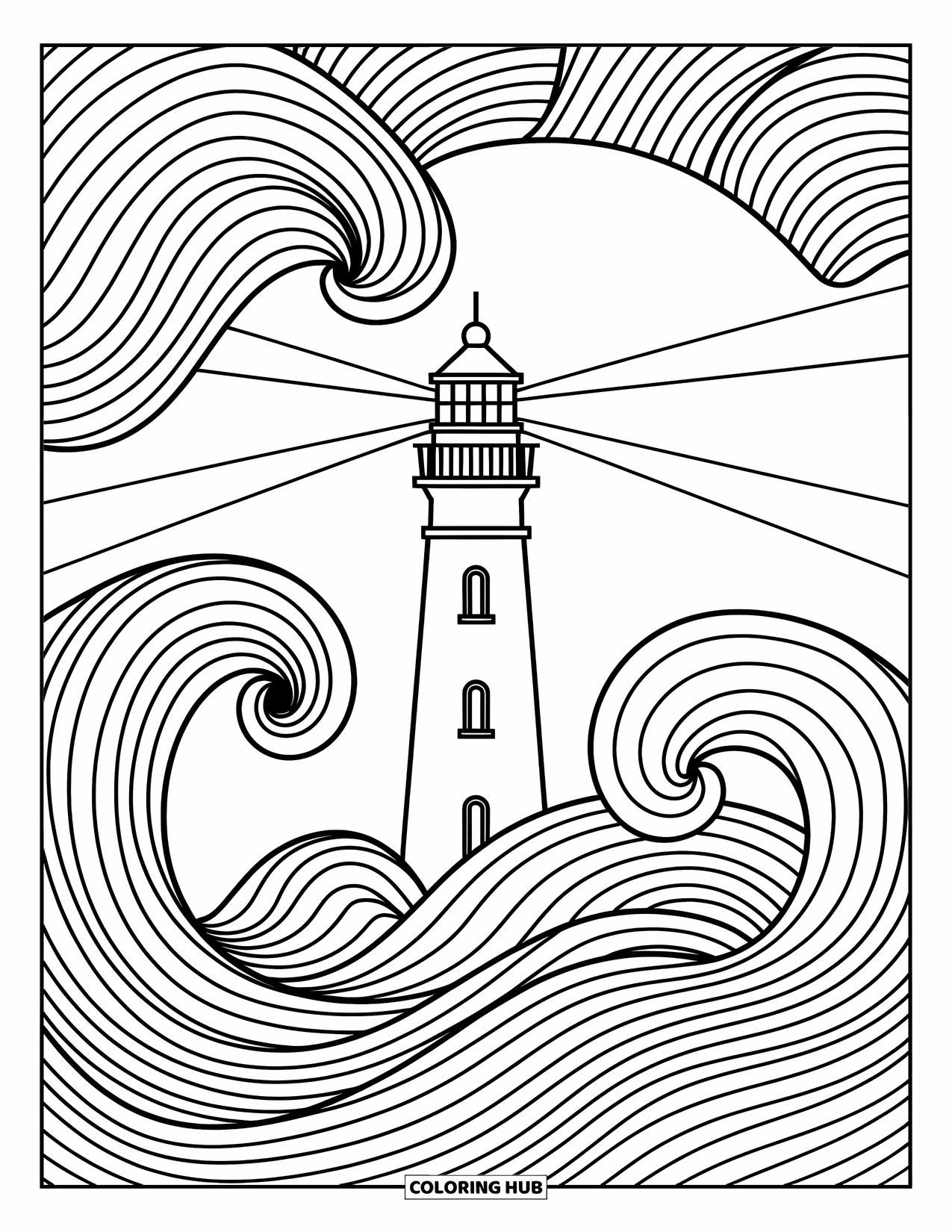 Strand Kleurplaat voor Volwassenen: Een vuurtoren met sierlijke patronen, omgeven door decoratieve wervelende golven