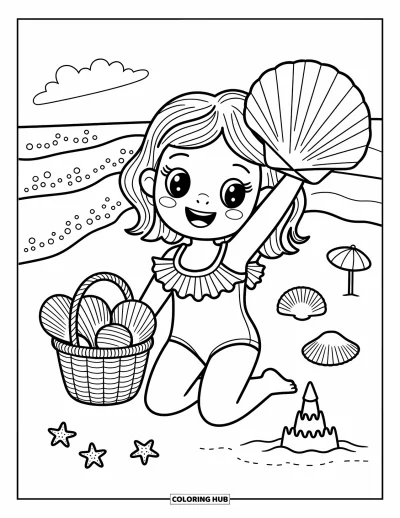 Coloriage de plage pour adultes : Une petite fille en maillot à volants trouve un magnifique coquillage