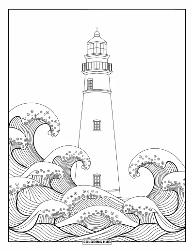 Coloriage de plage pour adultes : Un phare majestueux s'élève au-dessus des vagues dans un design élégant et artistique