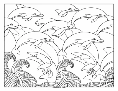 Coloriage de plage pour adultes : Un motif fascinant de dauphins bondissant à travers des vagues artistiques et ondulées