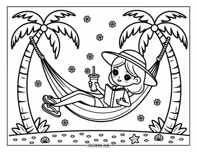 Coloriage de plage pour adultes : Une scène paisible de hamac avec une fille qui profite d'un livre et d'une boisson fraîche