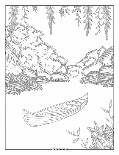 Coloriage de plage pour adultes : Un lagon paisible entouré d'un feuillage dense, avec une barque en bois solitaire