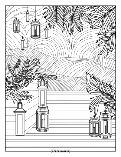 Coloriage de plage pour adultes : Un refuge paisible au bord de mer avec des bougies lumineuses et des lianes retombantes