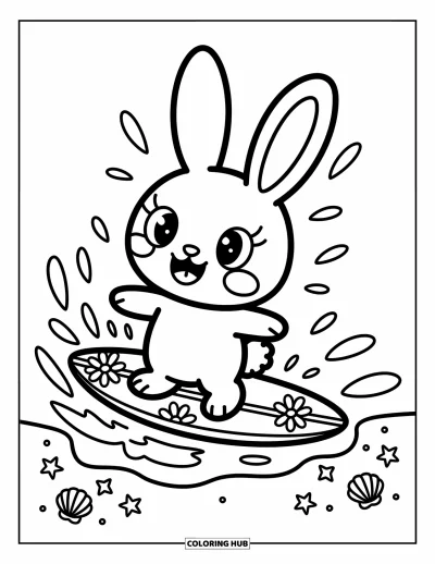 Coloriage de plage pour adultes : Un lapin joueur surfe une vague douce sur une planche à motifs floraux