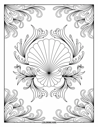 Coloriage de plage pour adultes : Un motif de coquillage et perle avec des éléments floraux océaniques finement tourbillonnants