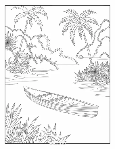 Coloriage de plage pour adultes : Une scène sereine de canoë dans un lagon tranquille, encadré par des plantes tropicales