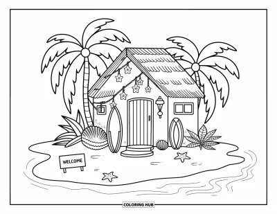 Coloriage de plage pour adultes : Une petite hutte en bois sur le rivage, avec des palmiers qui se balancent à côté