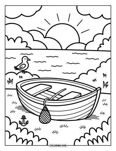 Coloriage de plage pour adultes : Une petite barque en bois repose sur le sable avec une mouette à côté