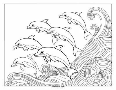 Coloriage de plage pour adultes : Un motif sophistiqué de dauphins se mêlant harmonieusement à des vagues océaniques tourbillonnantes