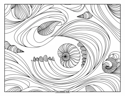 Coloriage de plage pour adultes : Un motif raffiné de vagues et de coquillages, riche en détails artistiques complexes