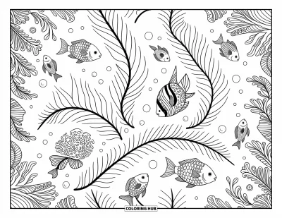 Coloriage de plage pour adultes : Un superbe motif sous-marin d'algues tourbillonnantes, de bulles et de poissons tropicaux