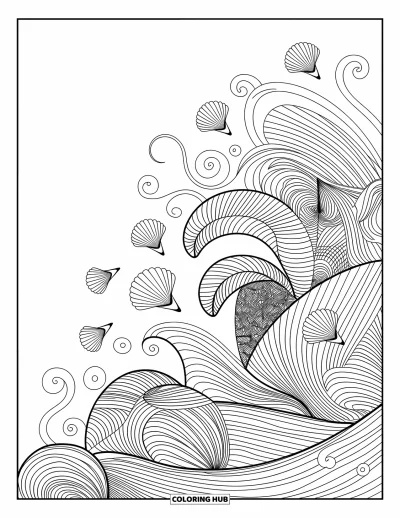 Coloriage de plage pour adultes : Un motif mandala océanique ondoyant, mêlant vagues et coquillages avec élégance