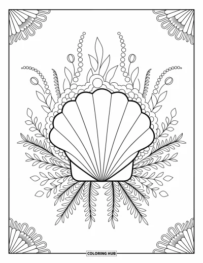 Coloriage de plage pour adultes : Un motif symétrique de coquillage et de perle, orné de délicats détails floraux