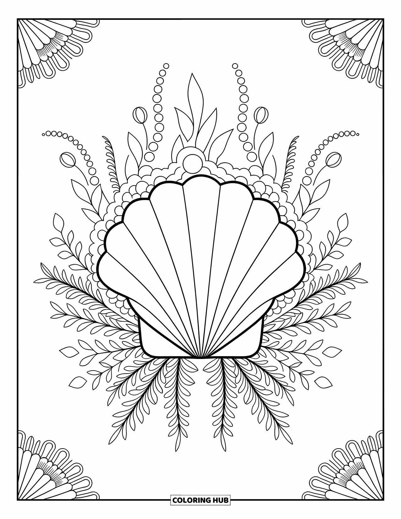 Strand Kleurplaat voor Volwassenen: Een symmetrisch schelp- en parelpatroon, versierd met delicate bloemendetails