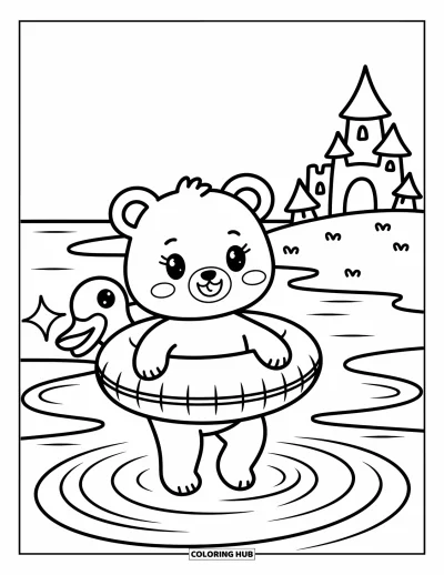 Coloriage de plage pour adultes : Un petit ourson avec une bouée avance joyeusement dans l'eau peu profonde
