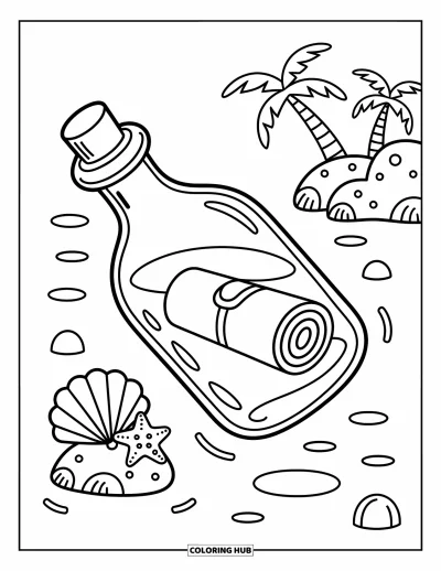 Coloriage de plage pour adultes : Une petite bouteille avec un message secret flotte paisiblement sur la mer