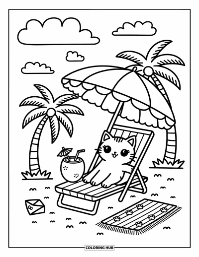 Coloriage de plage pour adultes : Un tout petit chaton fait la sieste sous un parasol, avec des palmiers qui se balancent