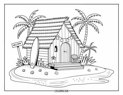 Coloriage de plage pour adultes : Une hutte de plage tropicale avec des lanternes et une planche de surf près de la porte