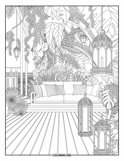 Coloriage de plage pour adultes : Un refuge tropical avec terrasse éclairée à la bougie, entouré de plantes luxuriantes et de lanternes