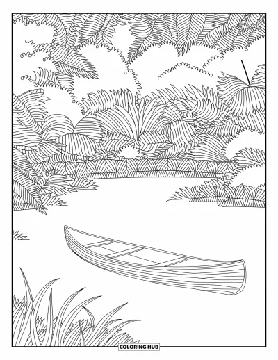 Coloriage de plage pour adultes : Un canoë en bois dérive dans un lagon tranquille, entouré de palmiers qui se balancent