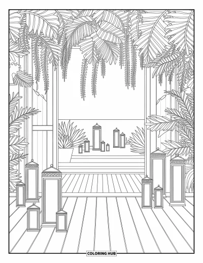 Coloriage de plage pour adultes : Une terrasse en bois près de la plage, décorée de lanternes et de plantes tropicales luxuriantes