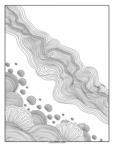 Coloriage de plage pour adultes : Un design de plage mandala complexe rempli de vagues, coquillages et motifs marins