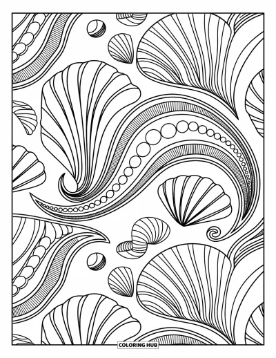Coloriage de plage pour adultes : Un design paisley complexe inspiré de la mer, avec vagues et coquillages