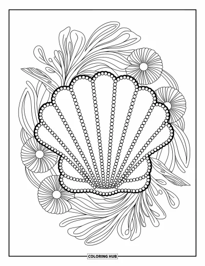 Coloriage de plage pour adultes : Un design de coquillage détaillé avec des perles et des motifs tourbillonnants inspirés de l'océan